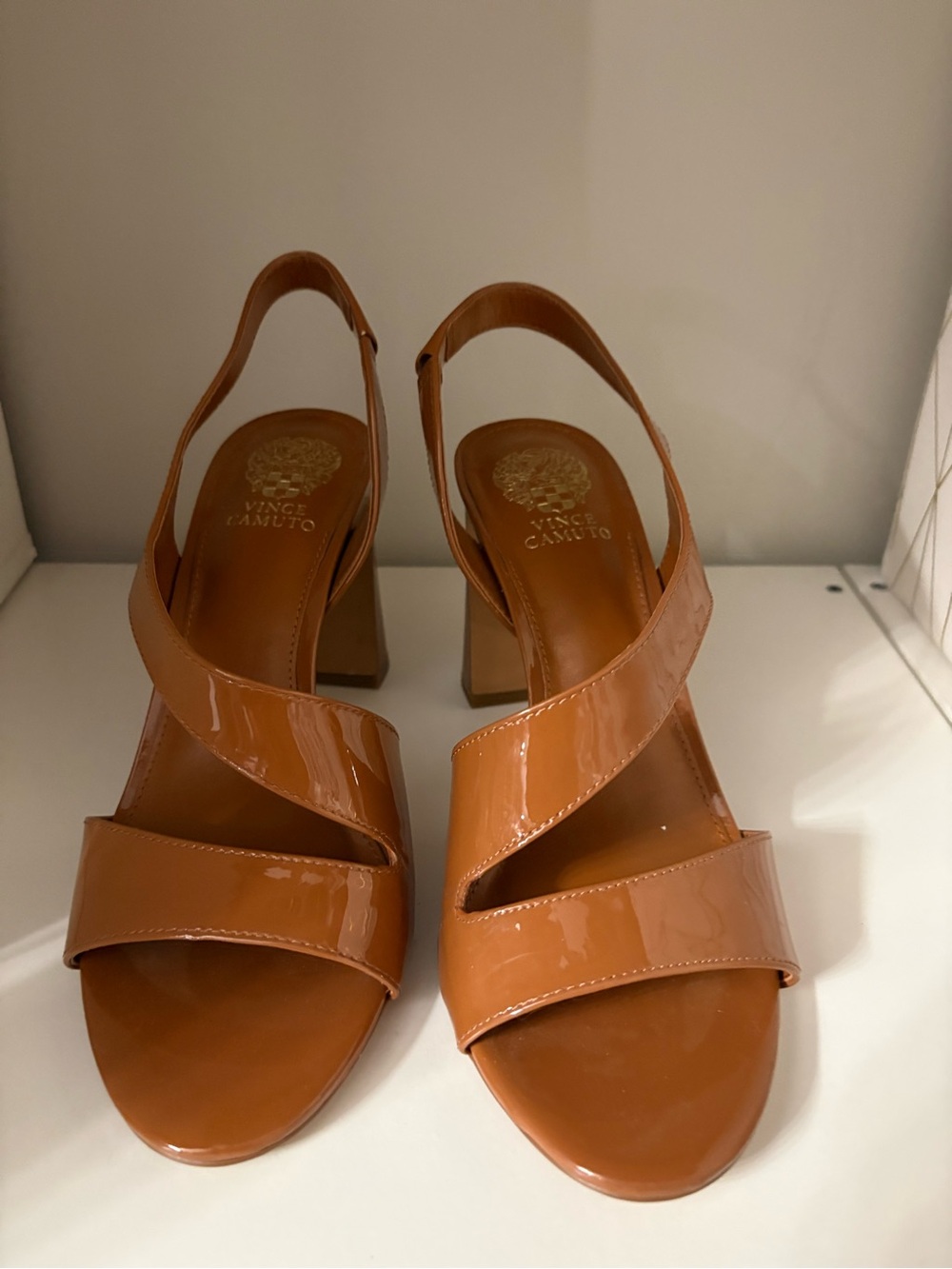Vince Camuto Cognac Patent Leather Slingback Heels